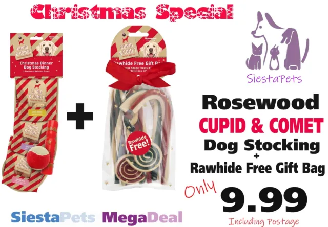 Rosewood Cupid & Comet Christmas Dinner Dog Stocking + Rawhide Free Bag