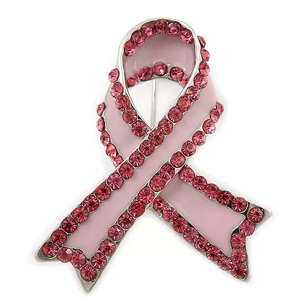 Pink Enamel Crystal Breast Cancer Awareness Ribbon Lapel Pin In Rhodium Plating