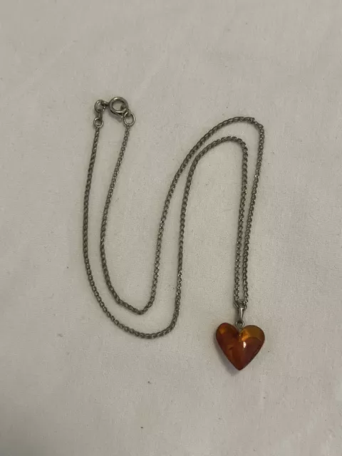 Alte Silber Schmuck Bernstein Herz Anhänger 835 Gestempelt Mit Kette