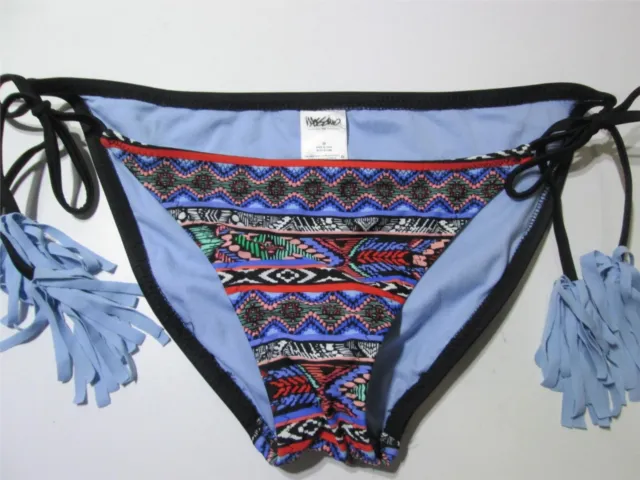 Mossimo Womens Size M Bikini Bottom Black/Blue Tie Side Tasseled Swim Beachwear