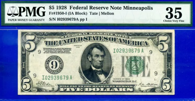 1928 $5 Federal Reserve Note PMG 35 rare wanted key note Minneapolis FR-1950-I
