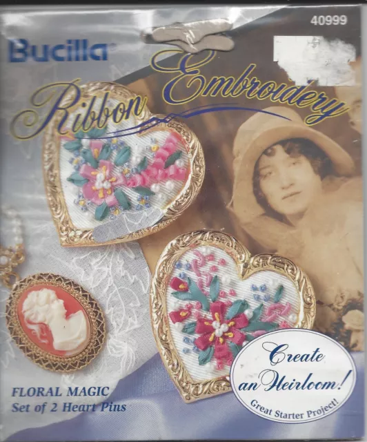 Floral Magic ~ Bucilla Ribbon Embroidery Kit #40999 - Set of 2 Heart Pins - New