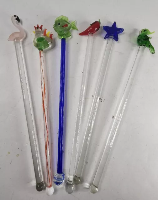 Vintage Handmade Blown Glass Figural Swizzle Stir Sticks Set of 6