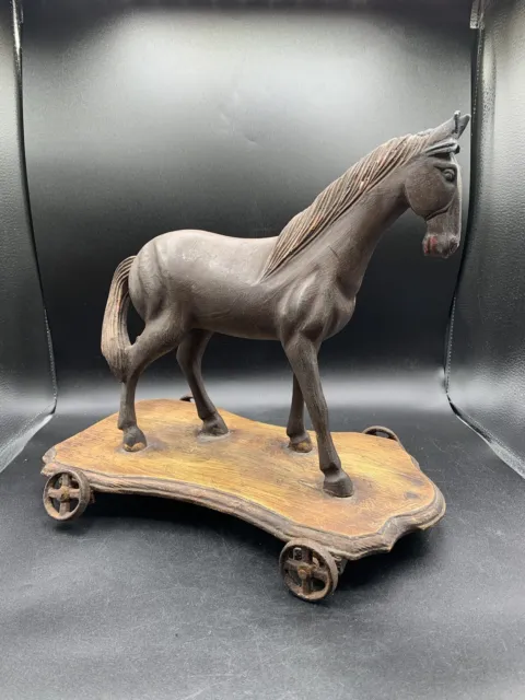Antique Hand Carved Wood Horse Pull Toy Horse On Wood Platform Cast Iron Wheels