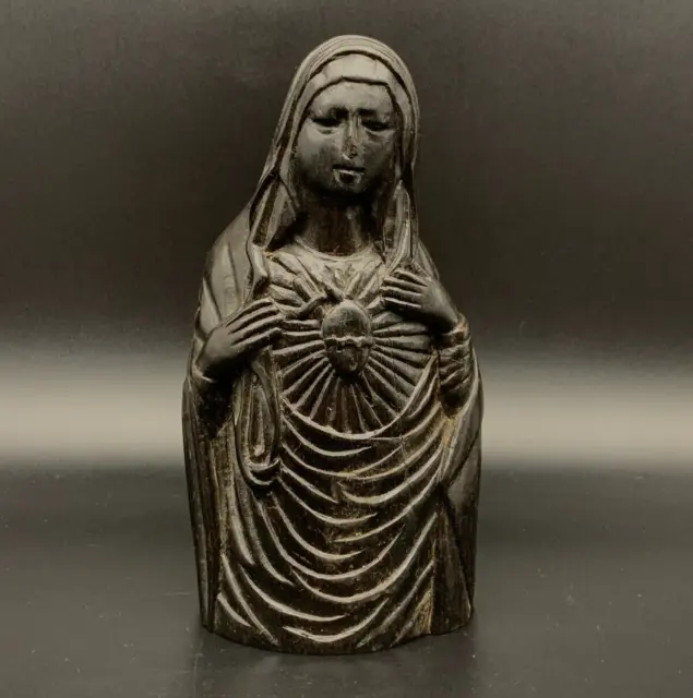 † Heart Of Mary Wooden Carved Wood 19Th Century French Antique Art  7.2"⭐
