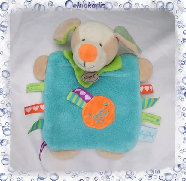 Doudou Plat Chien Bleu Vert Orange Etiquettes Les ZétiK'T doudou d'amour BabyNat