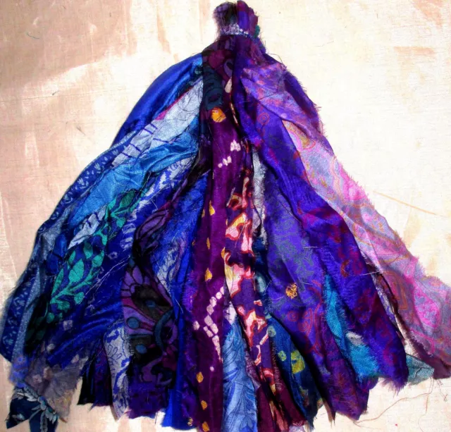 LOT PURE SILK Antique Vintage Sari TASSELS JOURNAL 50 STRAND Blue Violet #ABGUO
