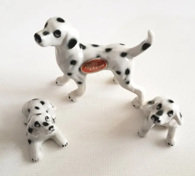 Bone China Dalmatian Dog and 2 Puppies Glazed Figurines Set Of 3 Made In Japan