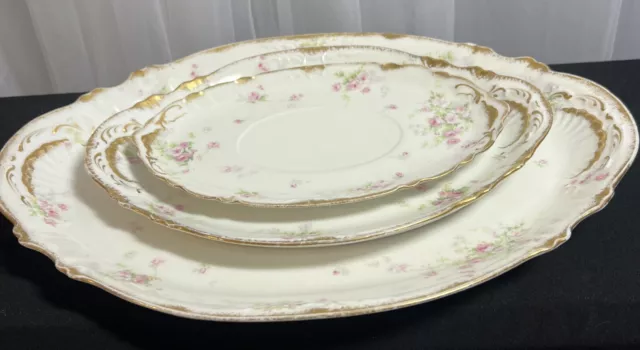 Antique 3 Platters LIMOGES Haviland Pink Flower Gold Swag Trim