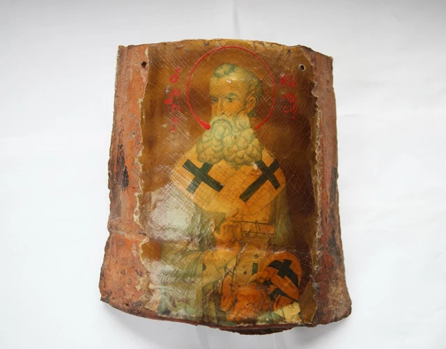 Antique Russian Portrait Tile Hand Painted with Saint Hold Bible