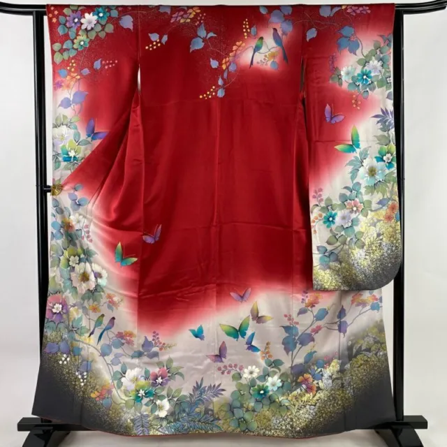 Japanese Kimono Furisode Long Sleeves Ladies Woven Silk 100% Gold Silver 160Cm