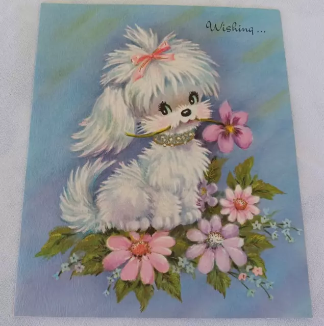 Vintage Mid Century 1950's Get Well Card Glittery Fluffy French Poodle Unused