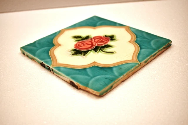 Antique Tile Japan Majolica Art Nouveau Porcelain Floral Rose Architecture "J71 3