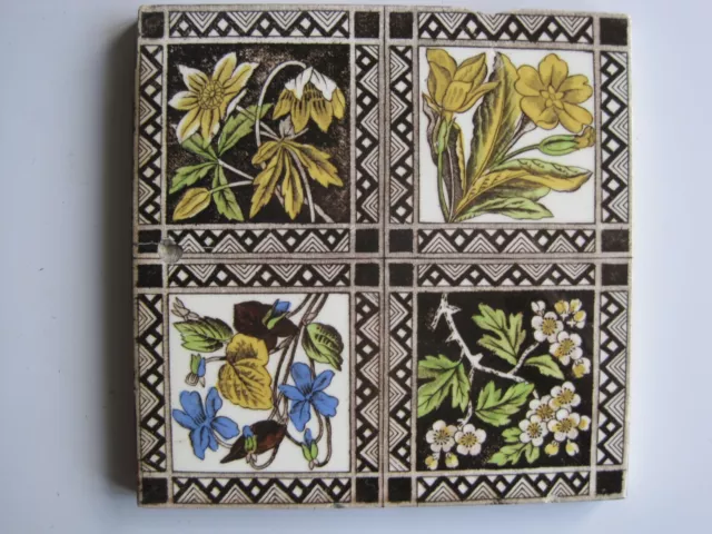 ANTIQUE VICTORIAN T.G.& F. BOOTH FLORAL PRINT & TINT WALL TILE- C1884 No.48