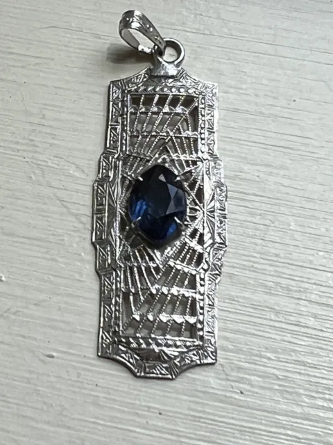 Antique   ART DECO Rhodium Plate Filigree Pendant Blue Glass