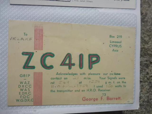 Old Vintage Qsl Ham Radio Card. Limassol, Cyprus. 1958