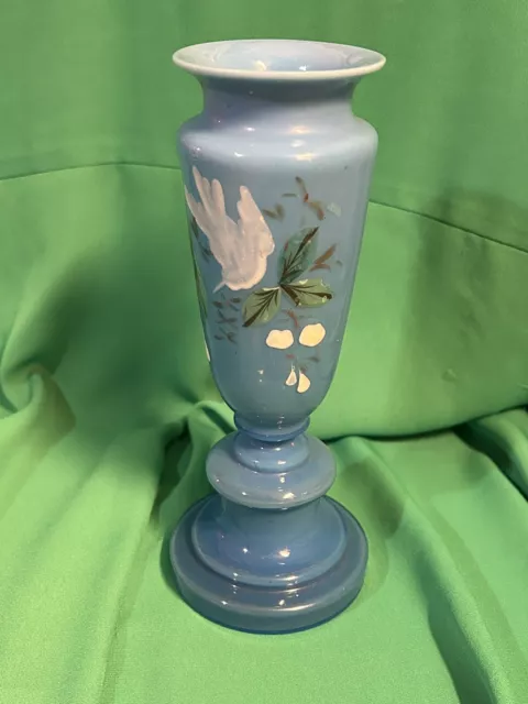 Victorian Hand Blown Blue Opaline Bristol Glass Hand Painted Bird  10.5” Vase