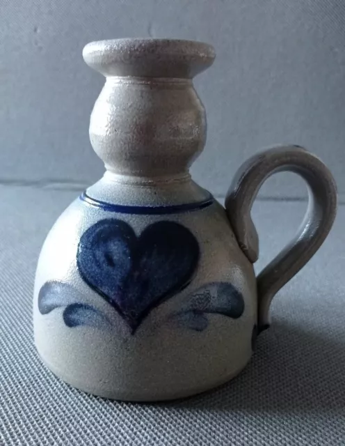 1992 Rowe Pottery Works Stoneware Oil Lamp Candle Holder Salt Glaze Heart Design