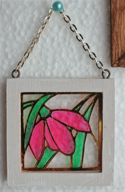 Original OOAK Mini Dollhouse Shabby Stained Glass Window Pink Flower  N Woolmer