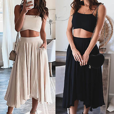 2Pcs/Set Top Skirt Outfits Low Cut Pleated All-match Fashion for Work