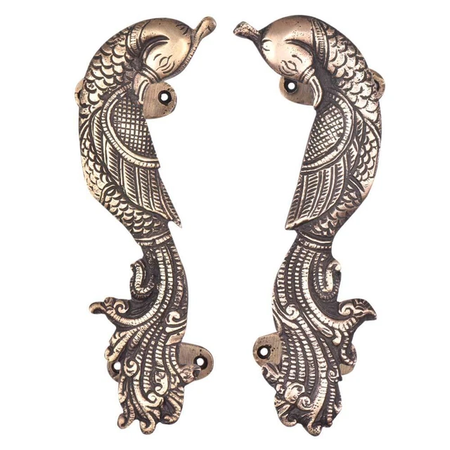 Antique Finish Brass Peacock Figurine Design Door Handles Pulls Set of 2