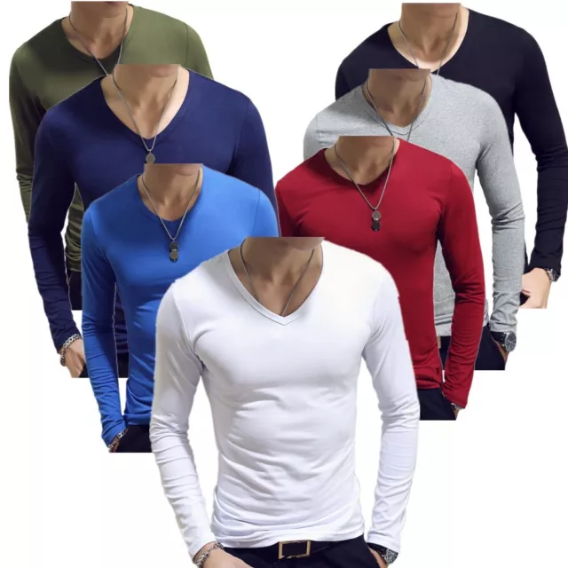 DE Herren Langarmshirt Slim Fit T-Shirt V-Ausschnitt Tee Basic Stretch Tops