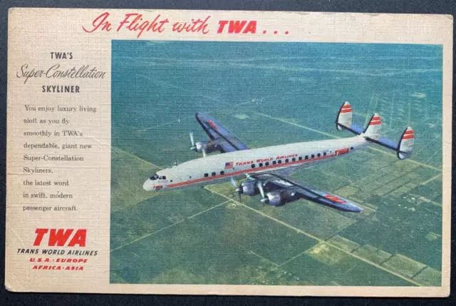 Advertising Postcard - TWA Airline Super Constellation Skyline