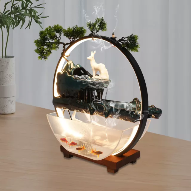 Indoor Waterfall w/ LED Light Ring, Fish Tank & Mister, Tabletop Water Fountains
