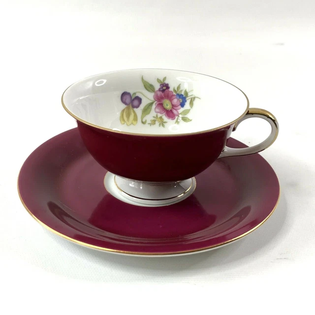 Eschenbach Teacup and Saucer Maroon Gold Trim Floral Barcnet China 4oz