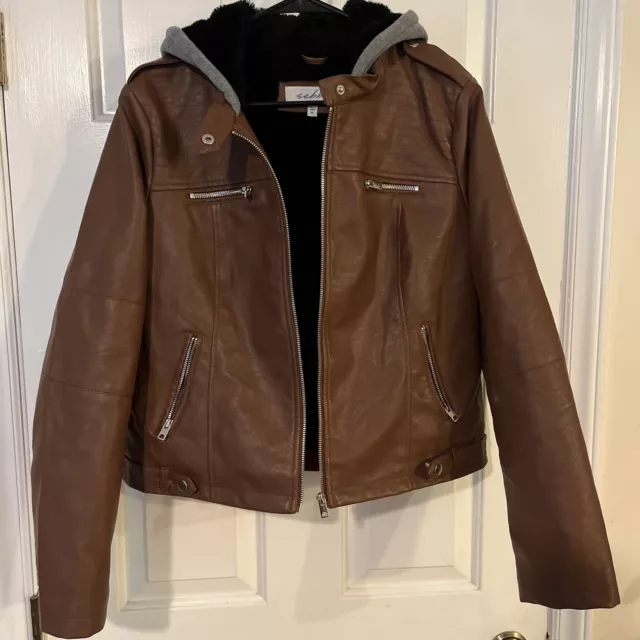 Sebby Biker Moto Faux Leather Jacket Brown Sz XL Juniors Womens Fleece Hood