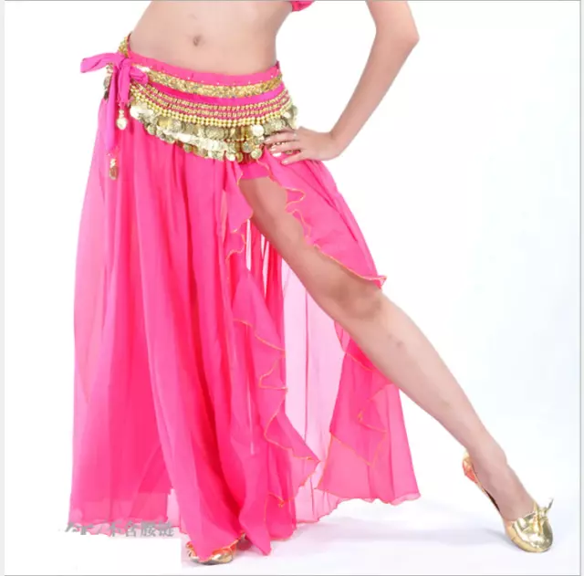 One Side Slit  with Gold Trims Long Skirt Chiffon Hip Skirt Belly Dance Costumes