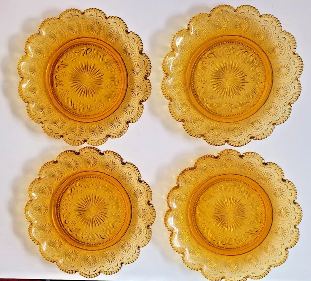 Set of 4 Brockway Glass 7.25" Salad Plates American Concord Pattern Amber Color