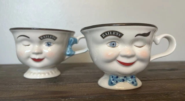 2 Bailey's Irish Cream Coffee Cups Mugs footed Mr and Mrs Yum Winking face 1996