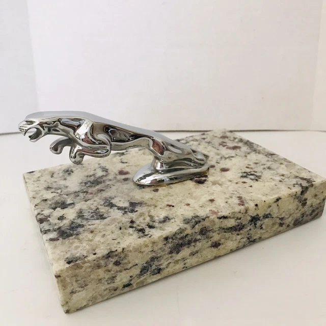 Jaguar Chrome Leaper On Granite Base Figure, Paper Weight One Of A Kind.