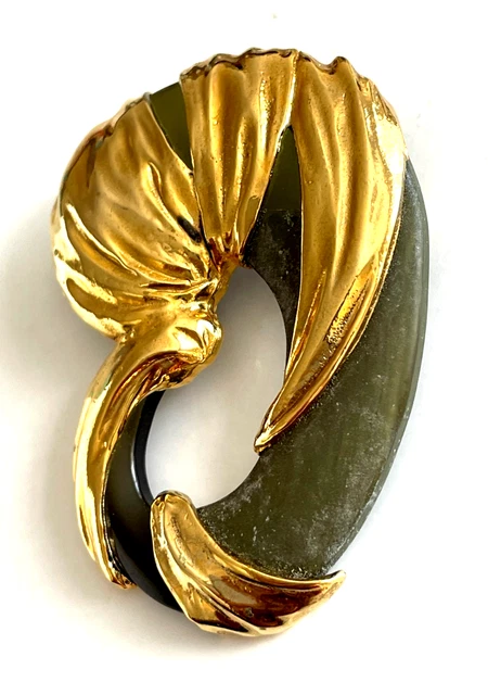 Broche Dorée Fleur Feuille émail Vert Oiseau - Style Art Nouveau - Modèle XZ24