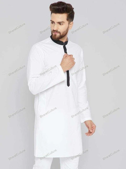 Mens Kurta Cotton White Color Plain Traditional Ethnic Festival Mens Kurta For G
