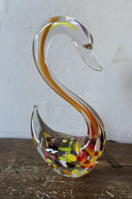 Vintage Art Glass Colourful Graceful Swan Paperweight Possibly Murano