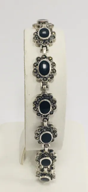 Estate Jewelry Sterling Silver Marcasite & Onyx Floral Style Bracelet 8.25”