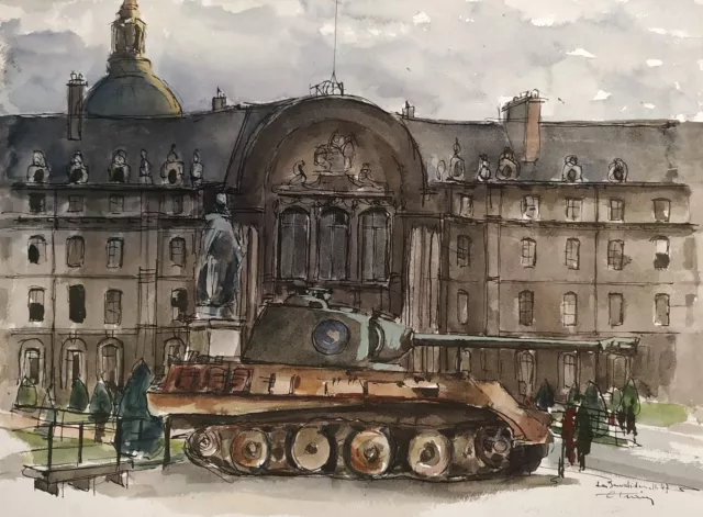 Aquarelle Les Invalides avec char par Christian Frain de la Gaulayrie 1947