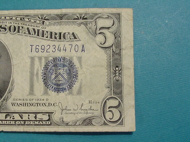 1934 D Series $5 Silver Certificate VG Blue Seal No Pin Holes 4