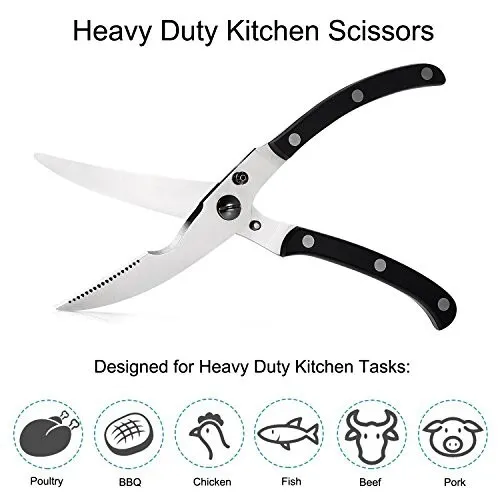 Heavy Duty Stainless Steel Kitchen Scissors -Black Handle Ultra Sharp Shears
