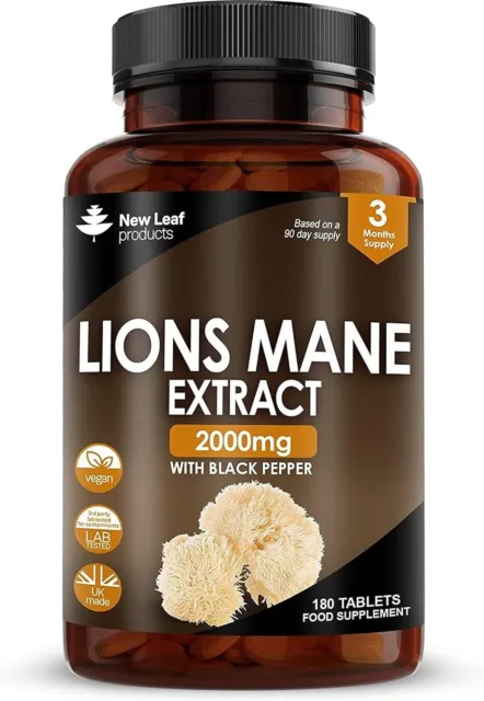 Lions Mane Extract Mushroom 2000mg - 180 High Strength Vegan Tablets UK Made