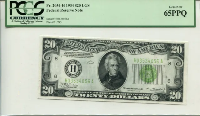 Fr 2054-H 1934 $20 Federal Reserve 65 PPQ GEM NEW - LIGHT GREEN SEAL