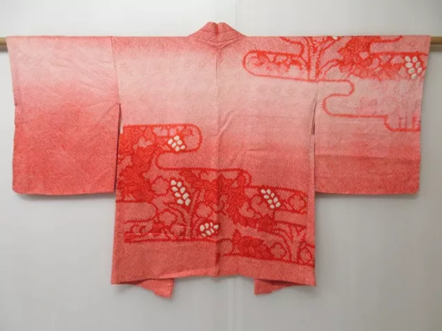 2025T01z510  Japanese Kimono Silk SHIBORI HAORI Flower Red