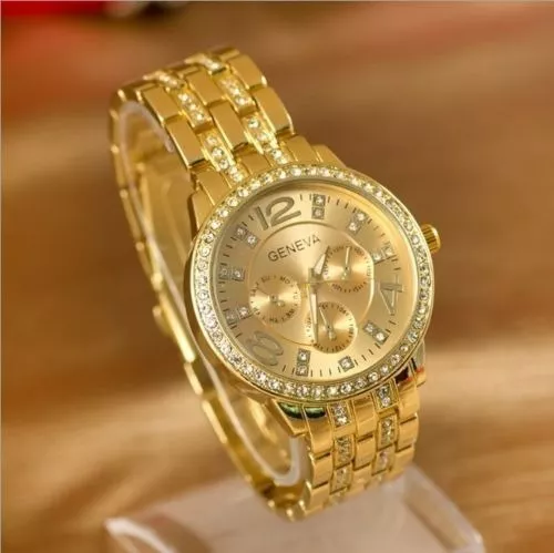 Gold Hot Fashion Womens Crystal Luxury Steel Wrist Designer Watch Geneva