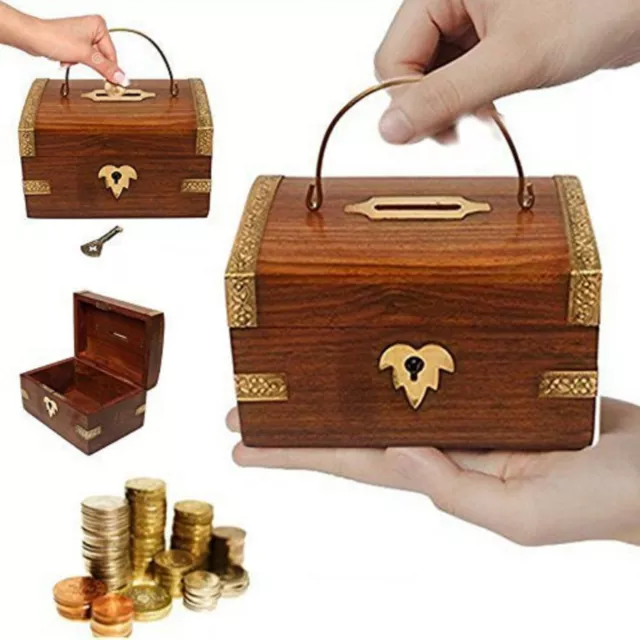 Wooden Money Box with Lock Piggy Bank Coin Box Children Gifts