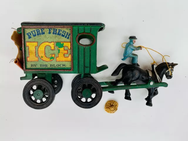 Antique Vintage Cast Iron Toy Horse Drawn Ice Cart Wagon Driver Buggy