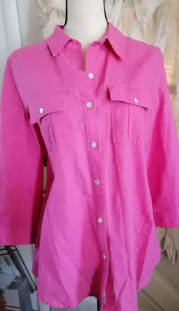 Chaus Pink 3/4 Sleeve Button Up Shirt Top Women M Blouse Linen Cotton