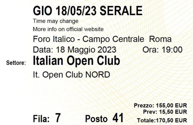 3 biglietti internazionali di tennis roma 18 maggio serale 155 euro ciascuno  (