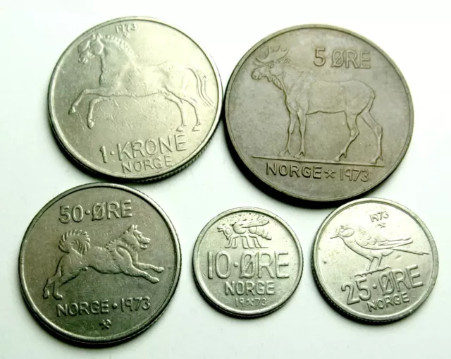 NORWAY 5, 10, 25, 50 ØRE & 1 Kr ~ Elk, Bee, Tit Bird, Dog, Horse ALL dated 1973